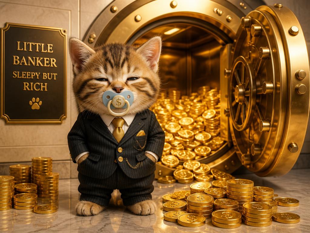 Baby Cate in a banker suit in front of a gold vault